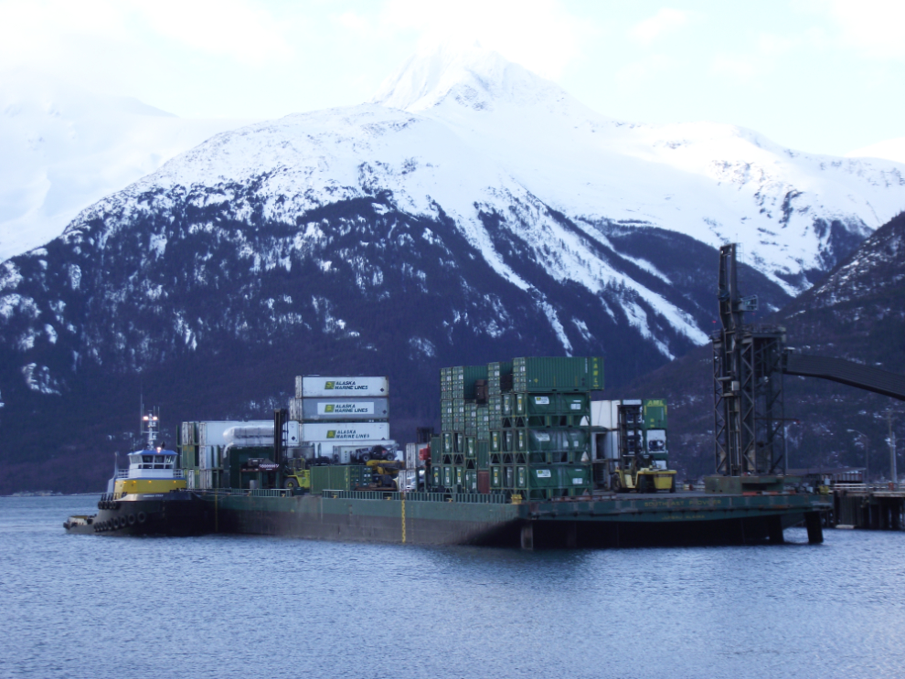 A barge arriving in Skagway in February