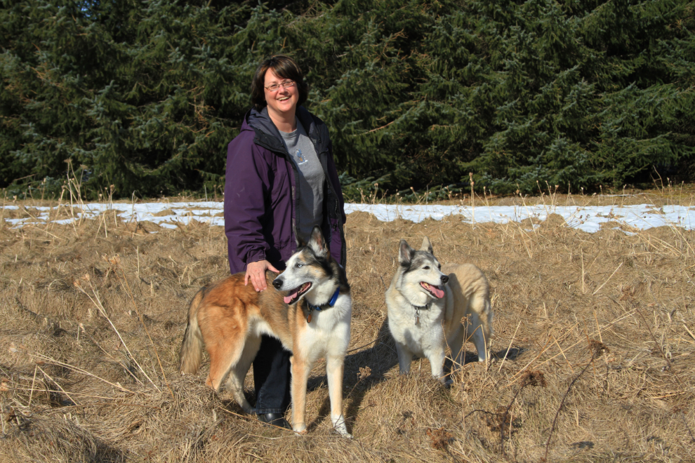 My happy family at Dyea - Cathy and the huskies, Monty and Kayla.