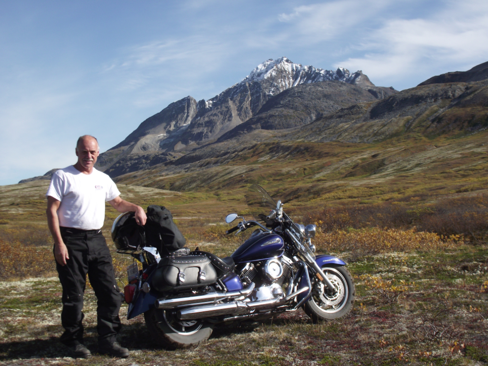 Murray Lundberg with his V-Star motorcycle at Three Guardsmen Pass, BC