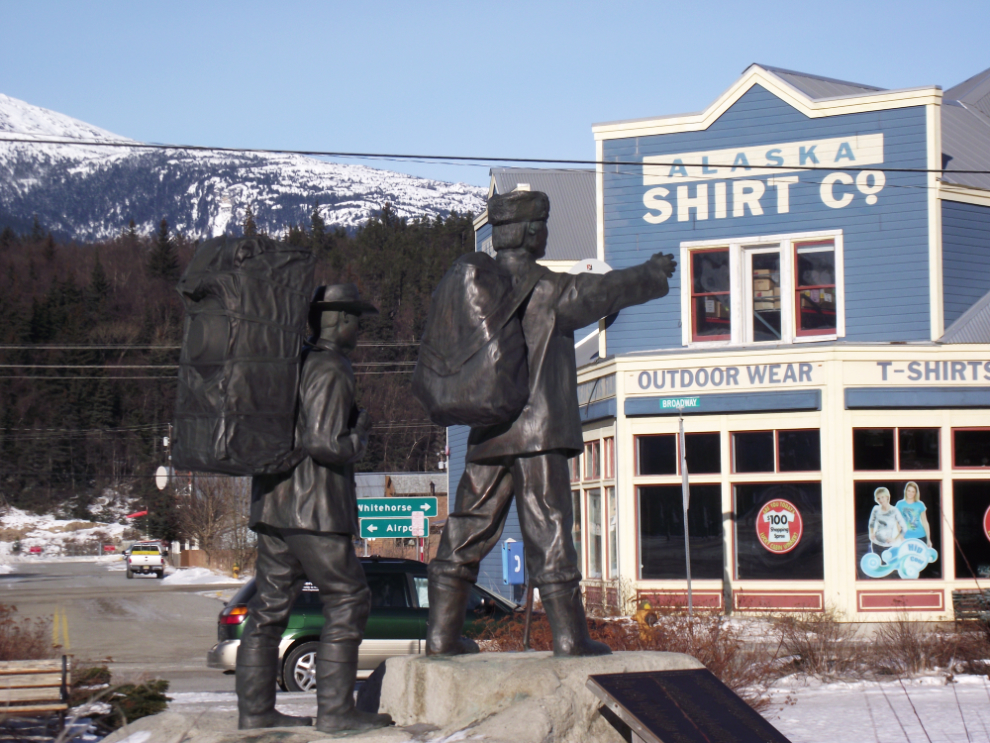 Chuck Buchanan's statue of a Klondike gold prospector, with his Tlingit Indian guide pointing the way to the gold.