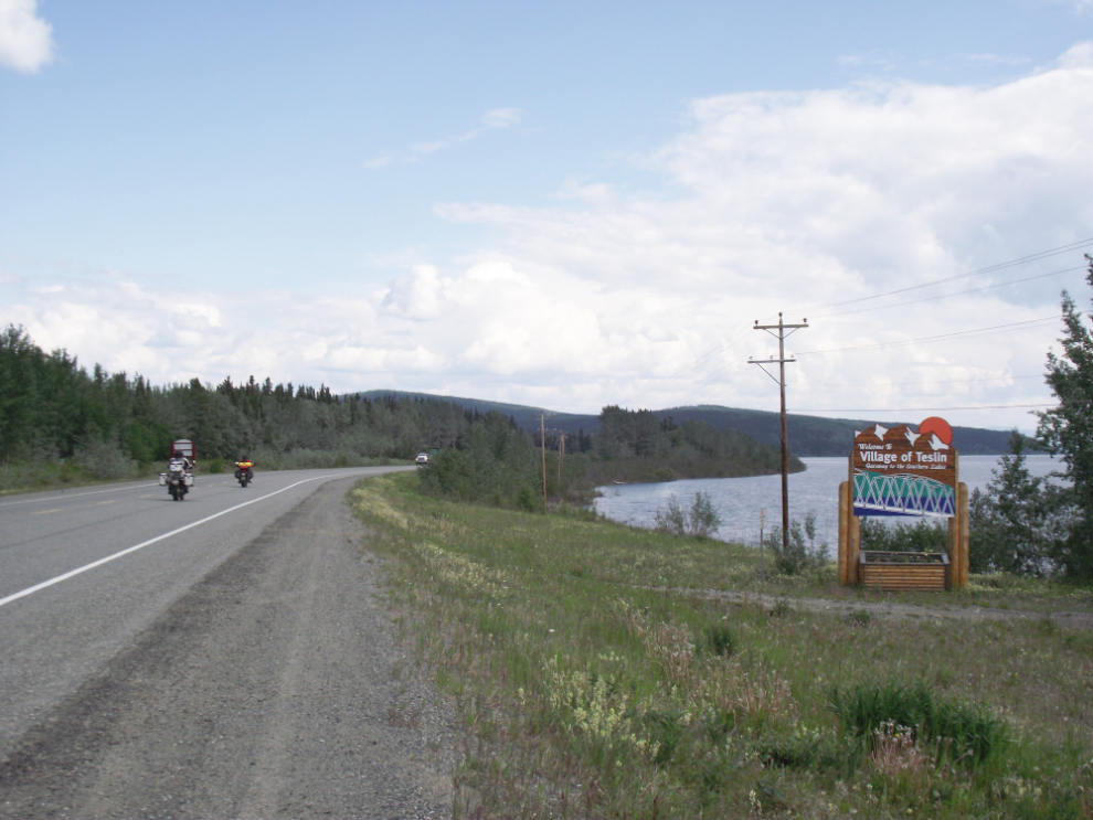 The Welcome to Teslin" sign on the Alaska Highway