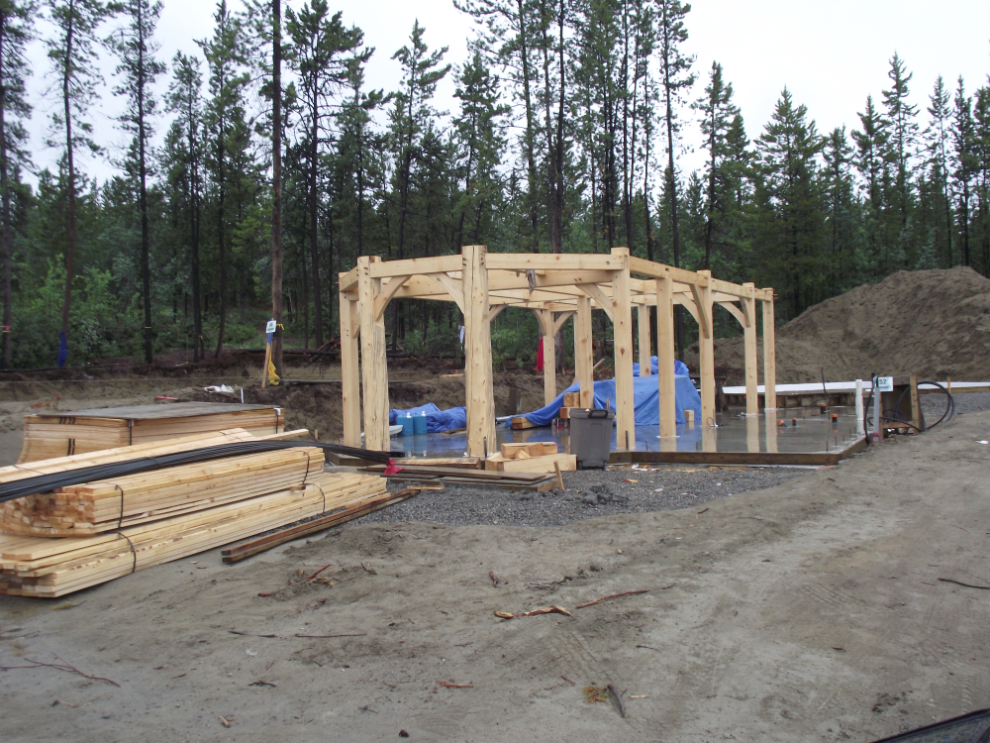 A timber frame house being built in Whitehorse