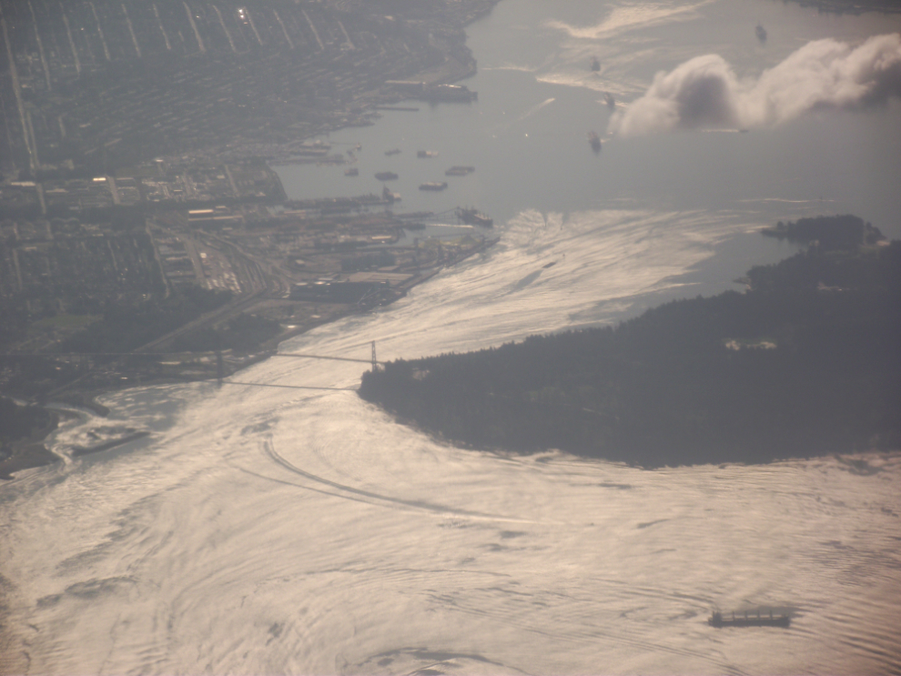 Aerial view of The Lions Gate Bridge and Stanley Park.