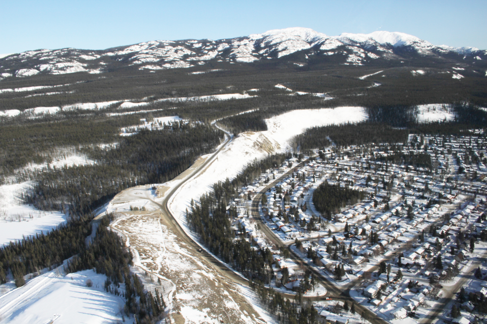 Helicopter view of the Riverdale residential area and Grey Mountain