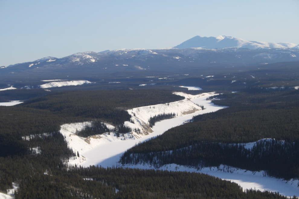 Helicopter view of Canyon City, the Yukon River and Mount Lorne