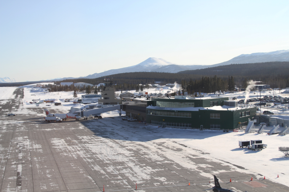 Helicopter view of the Whitehorse airport terminal and tower