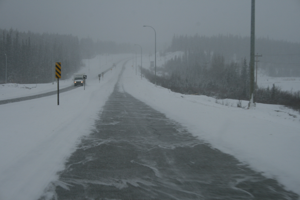 Alaska Highway in a late-March snowstorm