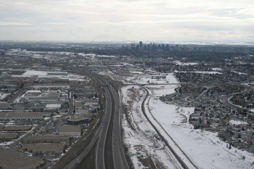 A low aerial view of downtown Calgary