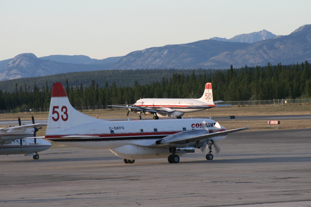 Conair water bombers departing from Whitehorse on a mission