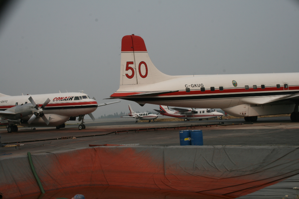 Conair water bomber base at Whitehorse in heavy wildfire smoke