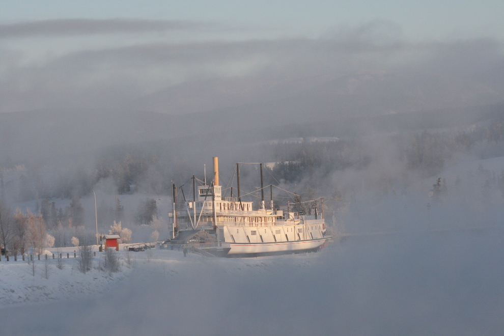 The historic sternwheeler SS Klondike in an icy fog