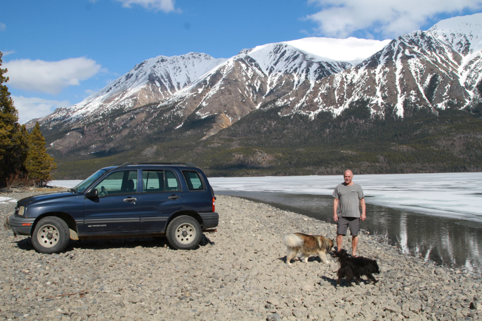 Murray Lundberg and his dogs at Tutshi Lake, BC