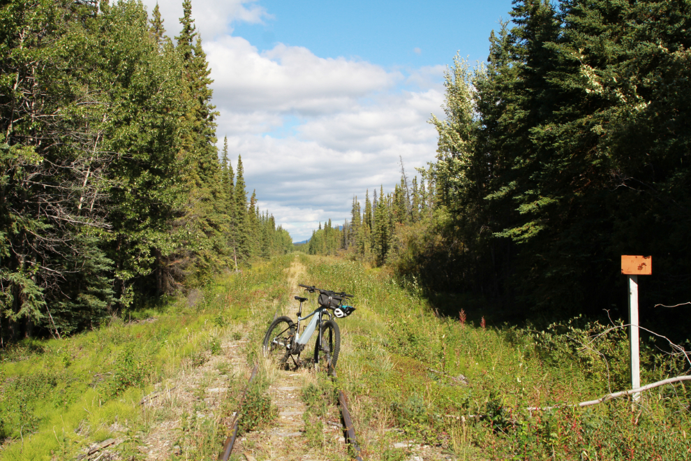E-bike at Mile 72 on the long-abandoned WP&YR railway line between Spirit Lake and Carcross, Yukon