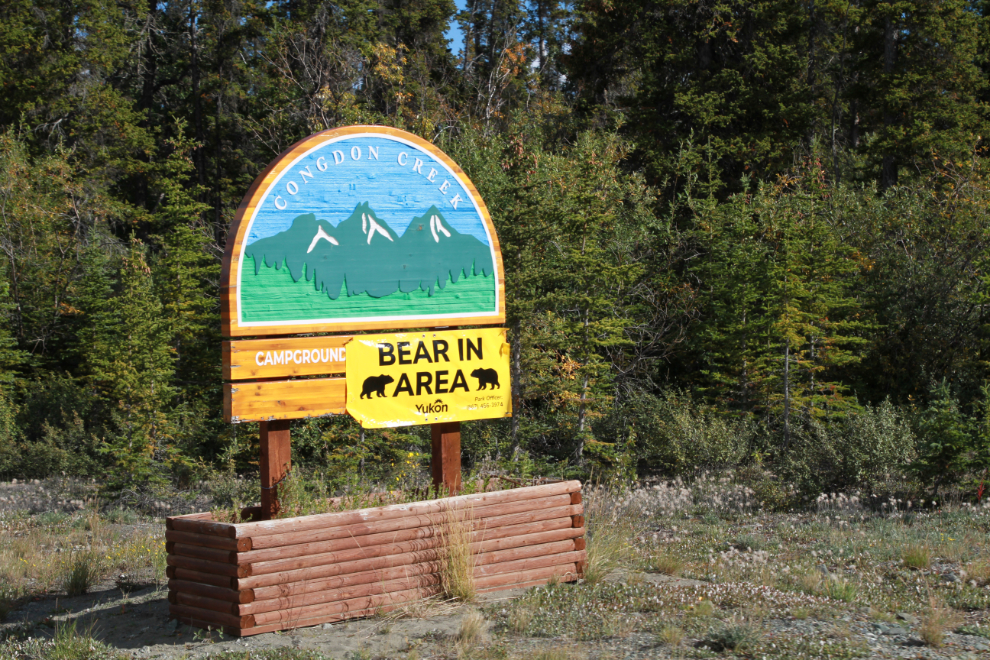 Bear warning sign at Congdon Creek Campground, Kluane Lake, Yukon