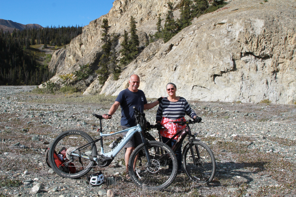 Murray Lundberg and Cathy Dyson on their e-bikes at Sheep Creek, Yukon