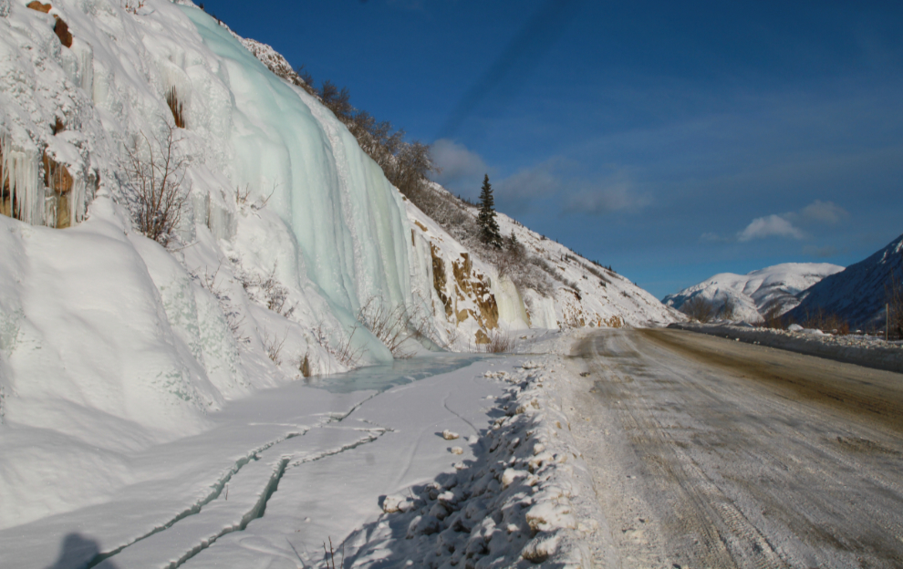 Frozen waterfall along the Yukon's South Klondike Highway in January