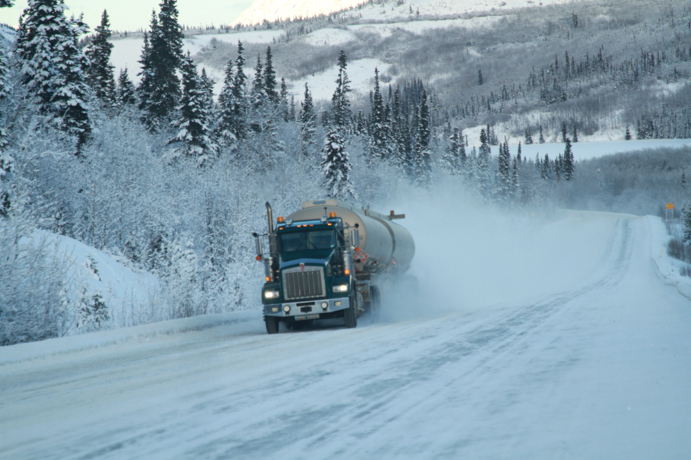 A fuel tanker truck on the Yukon's South Klondike Highway in January