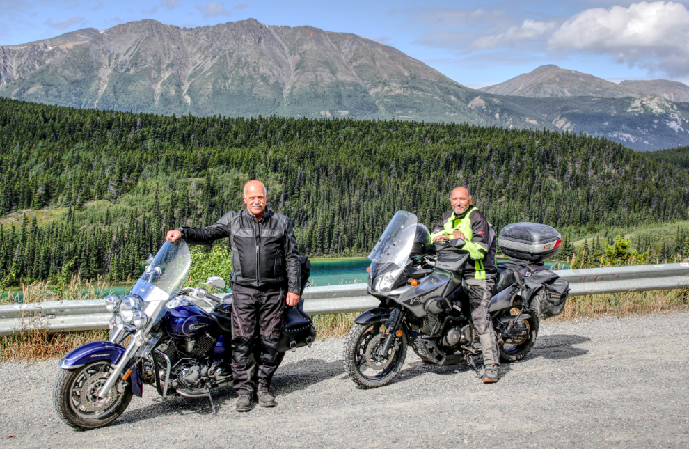 Murray Lundberg and a buddy at Emerald Lake on their motorcycles.