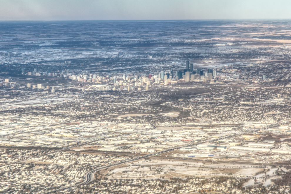 Aerial view of the Edmonton area including downtown.