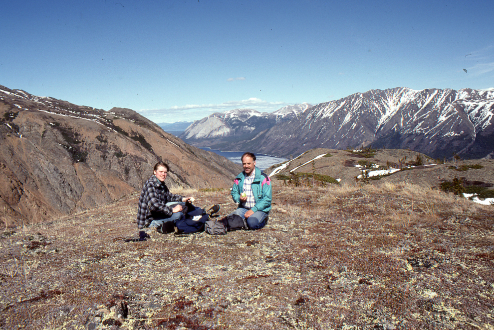 Simon Hutton and Murray Lundberg high above Pooley Canyon, Yukon in 1994.