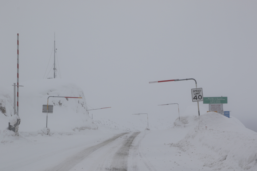 The snowy-foggy Canada-USA border in the White Pass in March.