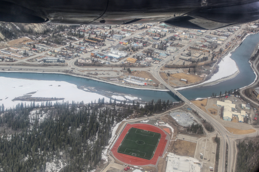 An aerial view of a bit of Whitehorse in mid April.