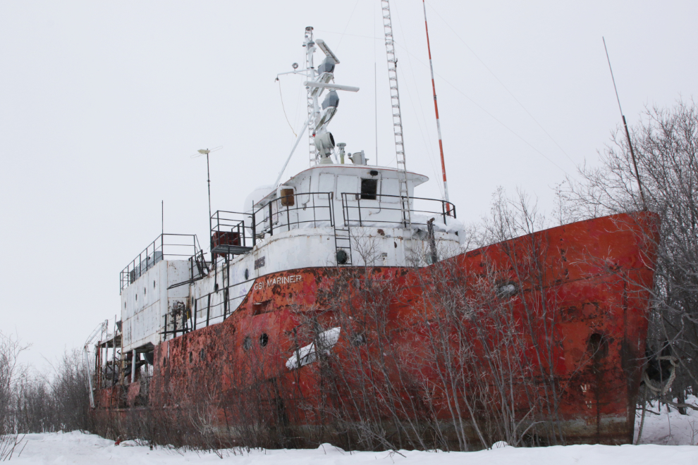 The abandoned 120-foot-long survey ship GSI Mariner at Inuvik, NWT.