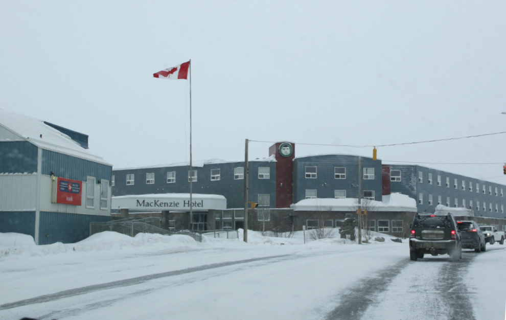 The post office and Mackenzie Hotel in downtown Inuvik, NWT, in April.