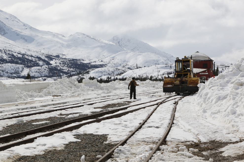 A Kershaw Ballast Regulator on the White Pass & Yukon Route railway line at Fraser, BC, in early April.
