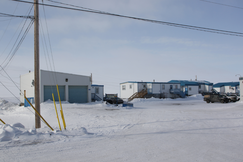 The RCMP garage, detachment, and housing at Tuktoyaktuk, NWT, in mid April.