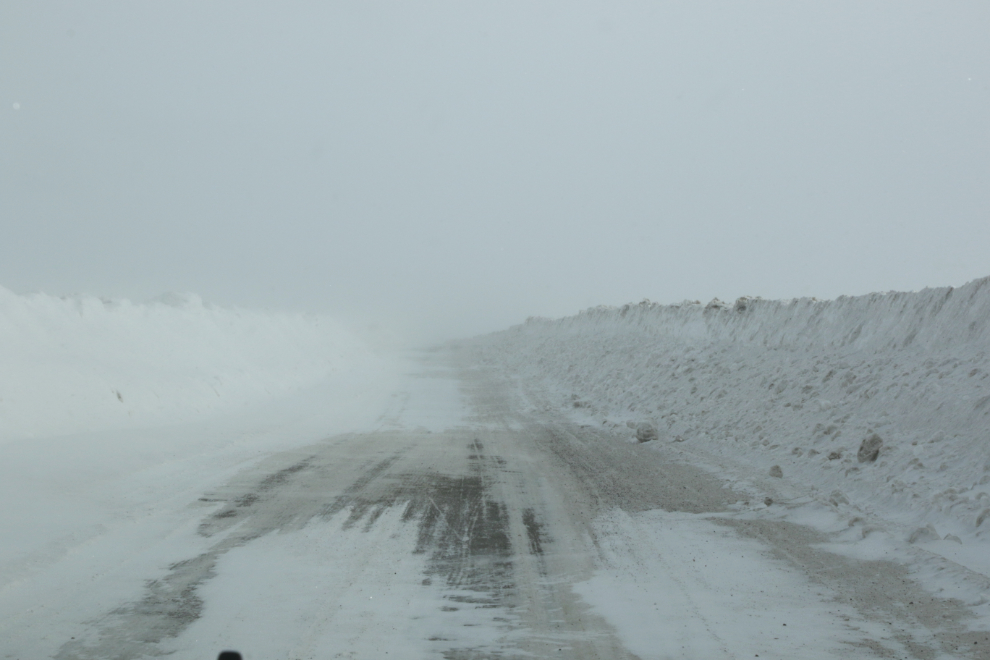 Snowdrifts on the Inuvik Tuktoyaktuk Highway (ITH) in April.