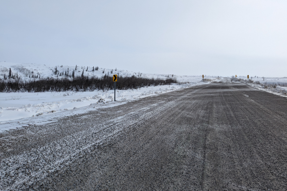 The surface of the Inuvik Tuktoyaktuk Highway (ITH) in April.