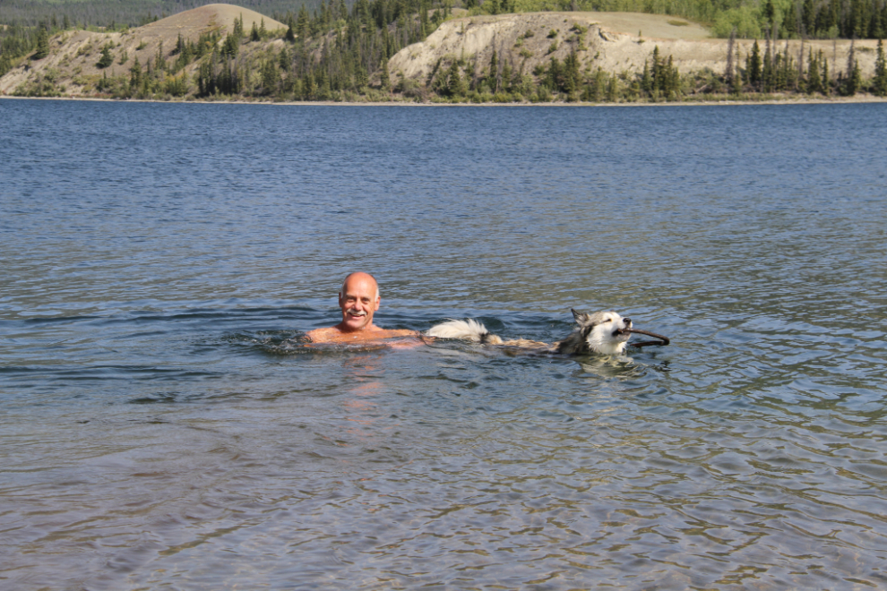 Bella and I swimming at Cultus Bay on Kluane Lake