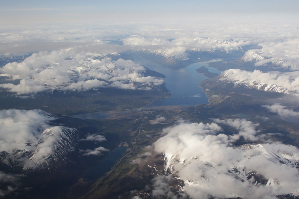 An aerial view of Carcross, with Lake Bennett stretching to the south.