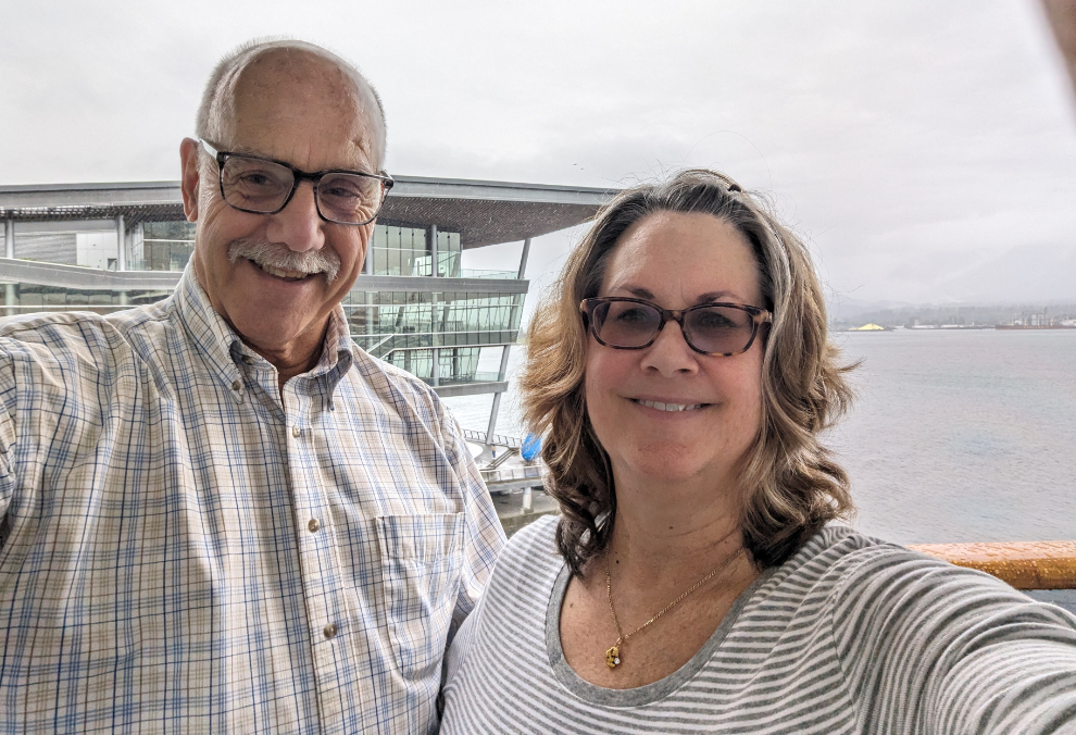 Murray Lundberg and Cathy Dyson on the cruise ship Nieuw Amsterdam in Vancouver.