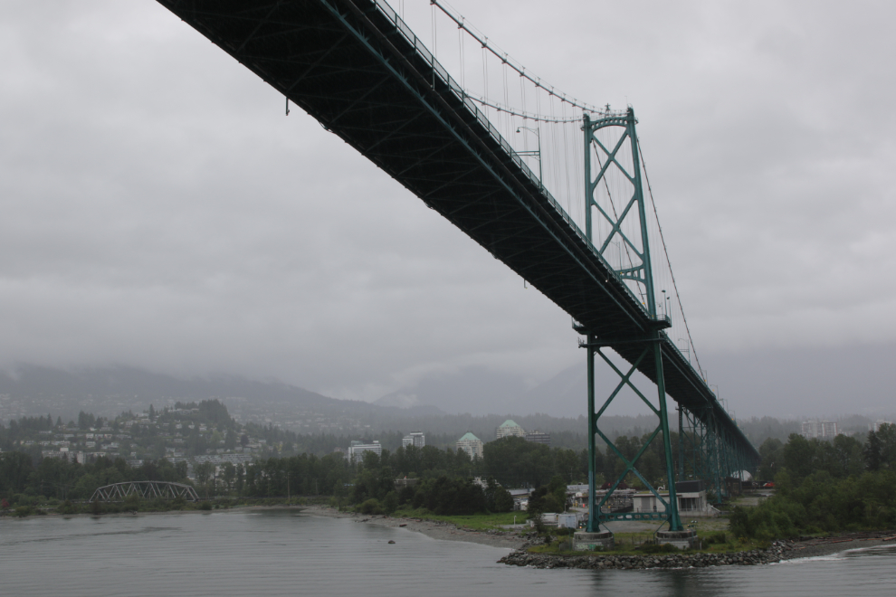 Passing under the Lions Gate Bridge in Vancouver.