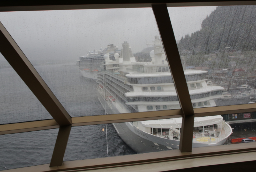 The view forward from the Crow's Nest lounge on Deck 11 of the cruise ship Nieuw Amsterdam while docked at Ketchikan, Alaska.