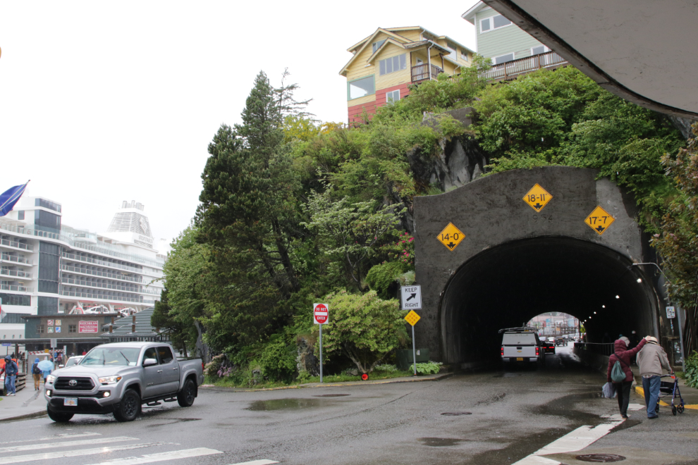 A tunnel, built in 1954, takes Water Street north from downtown  Ketchikan, Alaska.