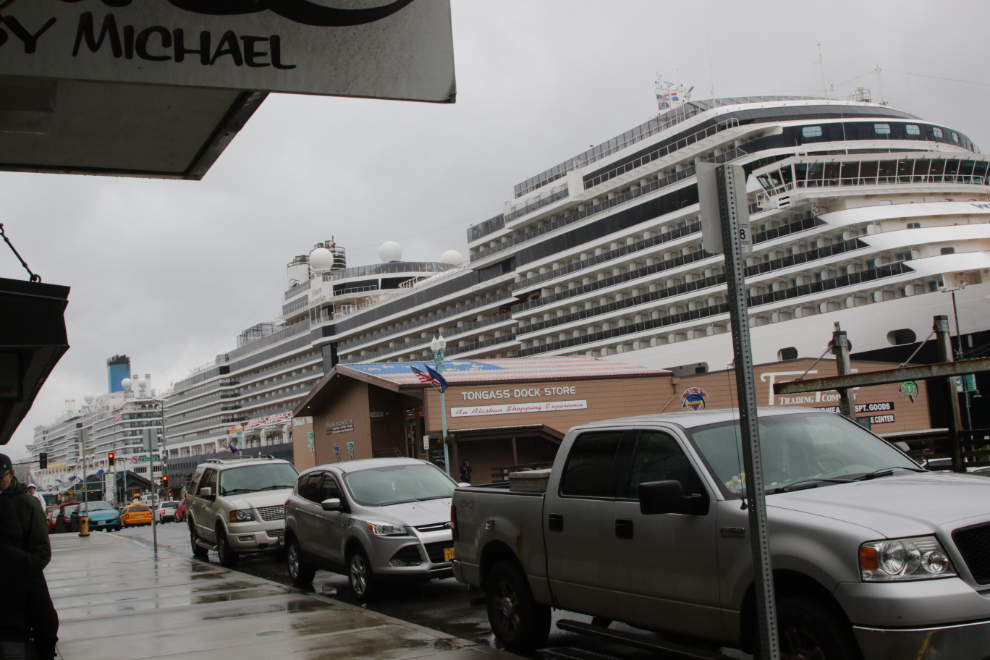 A wall of cruise ships on a rainy day at Ketchikan, Alaska.