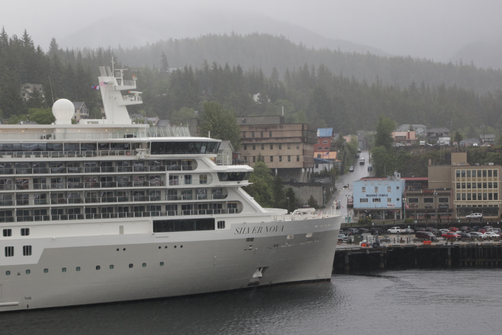 The cruise ship Silver Nova at Ketchikan, Alaska, on a rainy, windy day.