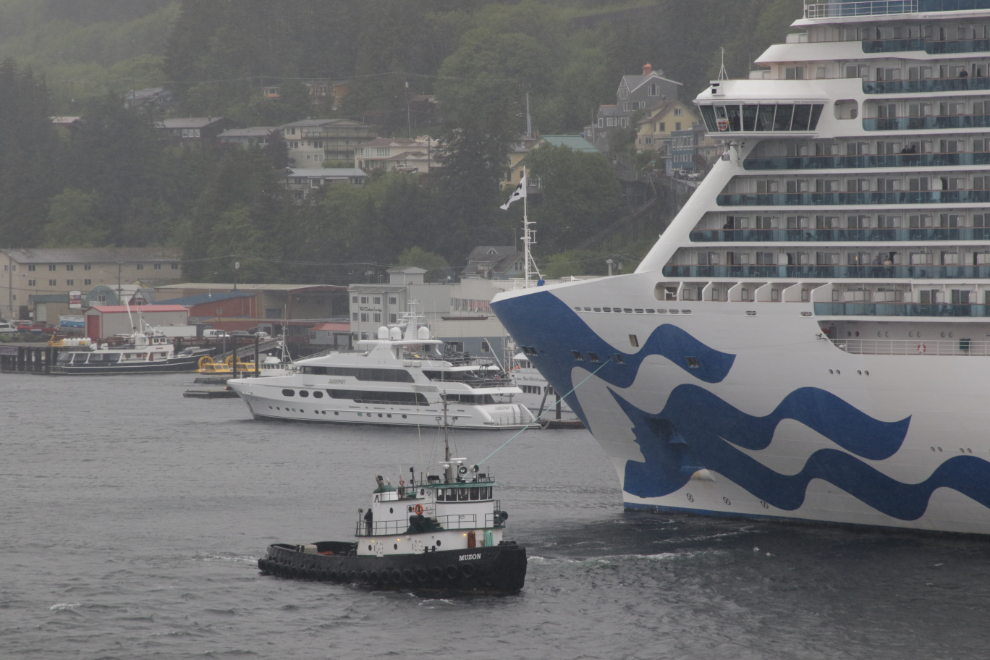 The cruise ship Majestic Princess at Ketchikan, Alaska, on a rainy, windy day.