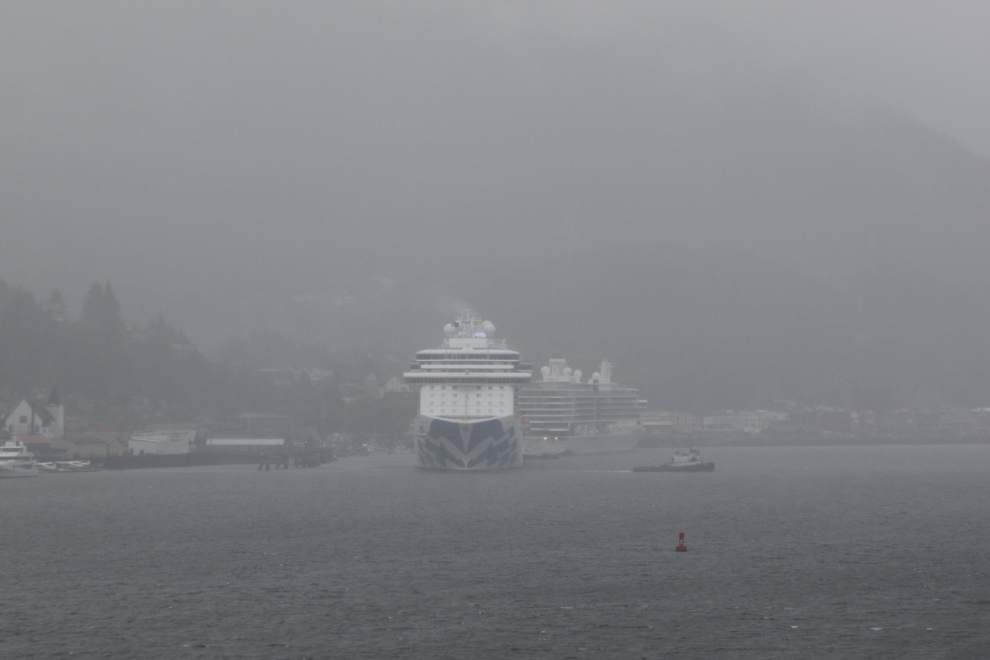 Cruise ships at Ketchikan, Alaska, on a rainy, windy day.