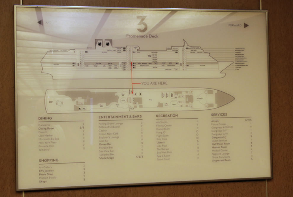 Deck plan outside an elevator on the cruise ship Nieuw Amsterdam.