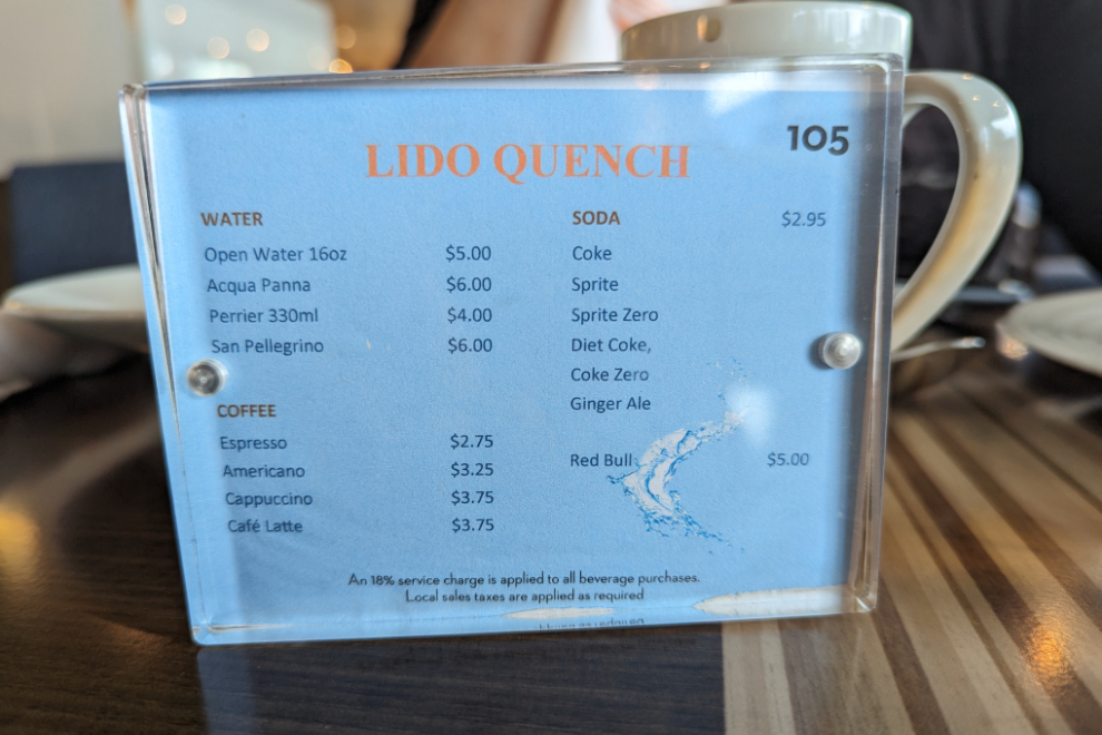 Water, soda, coffee prices on the cruise ship Nieuw Amsterdam.