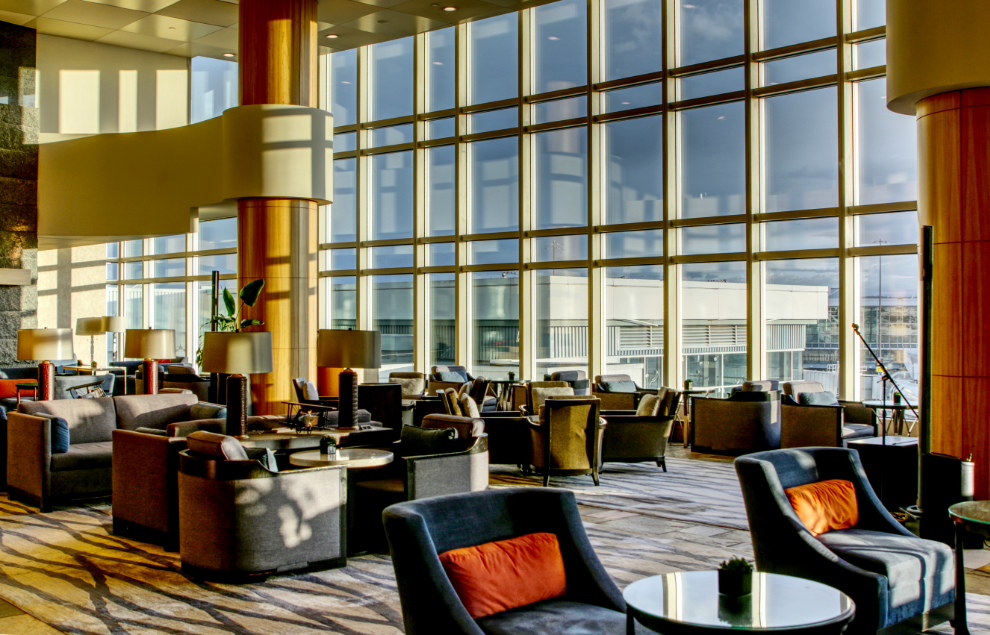 The lounge at the Fairmont Vancouver Airport Hotel.