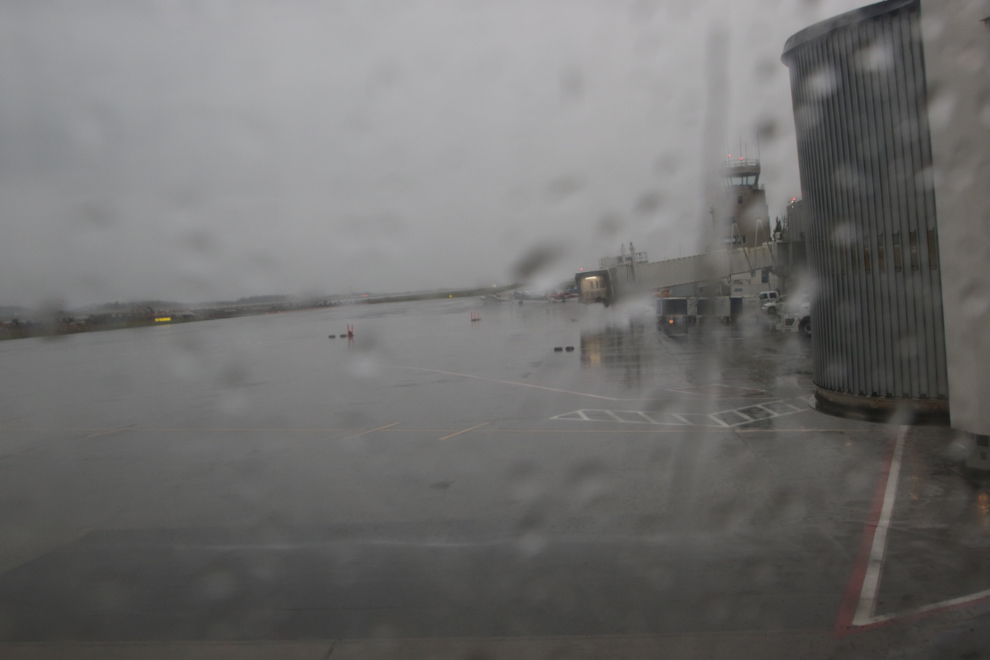 Torrential rain at the Whitehorse airport, Yukon.