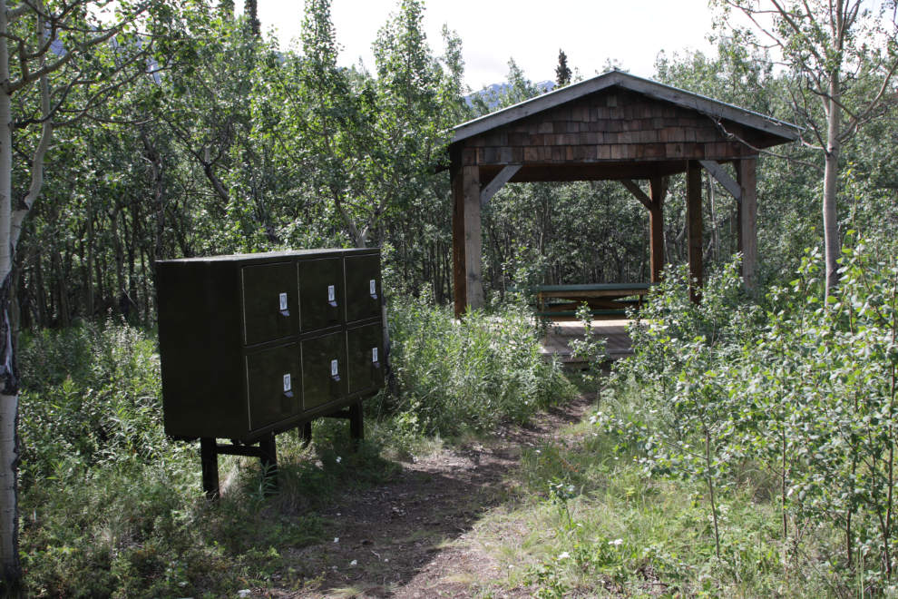 Bear-proof lockers and picnic shelter for walk-in tent sites at Conrad Campground, Yukon.