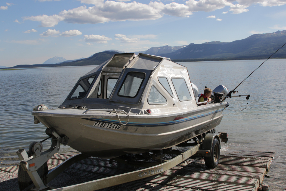 Pulling the boat out of Little Atlin Lake, Yukon