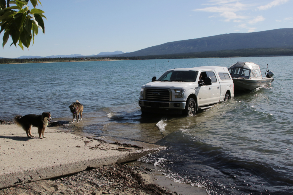 Launching the boat on Tagish Lake, Yukon.