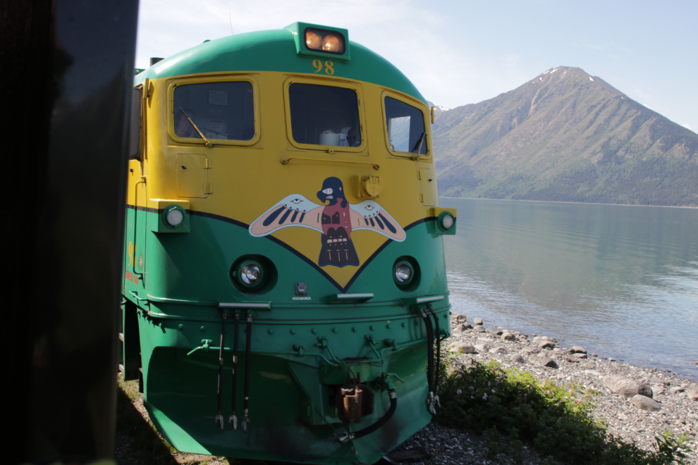 White Pass GE locomotive #98 along Lake Bennett, Yukon.